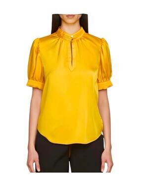 Karl Lagerfeld Yellow Gold Orange Satin Blouse Puff Sleeve Mockneck Large